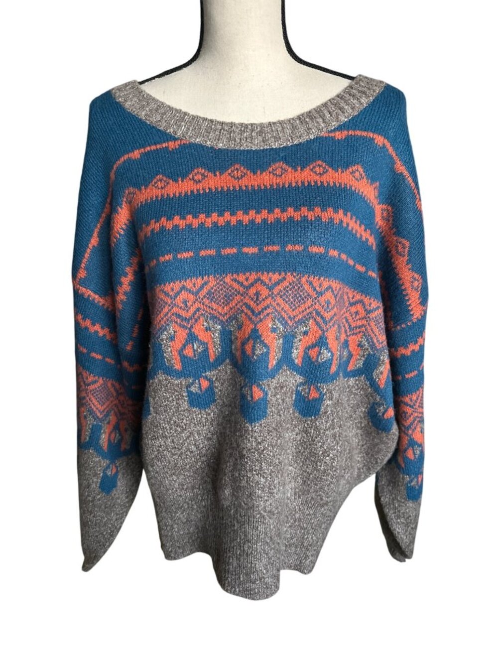 Monroe & Main Sweater Vickie Aztec Fair Isle Pullover Teal Orange Gray Size XL